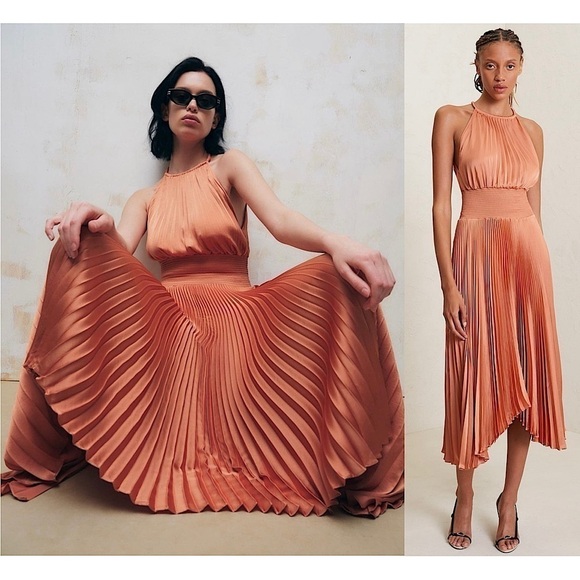 ALC Copper Satin Pleated Sleeveless Halter Smocked Waist Asymmetrical Hem Gown 2 - Picture 1 of 16